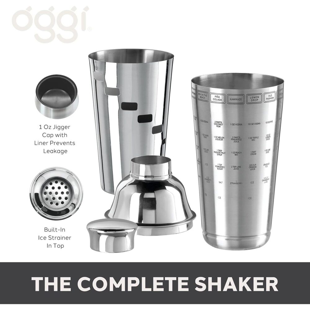 OGGI Dial A Drink Cocktail Shaker -Brushed Stainless Steel, w/ Strainer, 34 oz